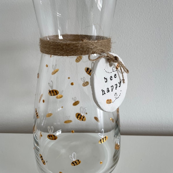 Bumble Bee Vase with Clay Tag Bee Happy Hand Painted and Designed by Luci Lu Designs