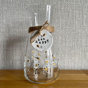Vase Daisy and Bees, Bee Happy Glass Vase Hand Painted by Luci Lu Designs