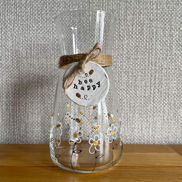 Vase Daisy and Bees, Bee Happy Glass Vase Hand Painted by Luci Lu Designs