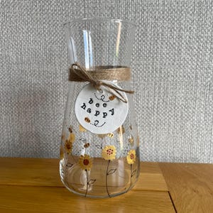 Vase Sunflowers and bees hand painted by Luci Lu Designs with handmade Bee Happy Clay tag