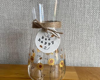 Vase Sunflowers and bees hand painted by Luci Lu Designs with handmade Bee Happy Clay tag