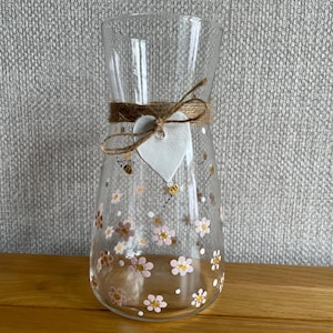 Hand Painted Vase: Pink Blossom & Bumble Bee Design, Handmade Heart Tag