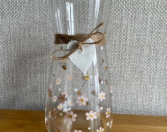 Hand Painted Vase: Pink Blossom & Bumble Bee Design, Handmade Heart Tag