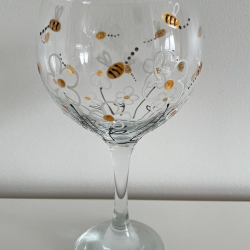 Daisy and Bee Gin Glass Hand painted and Designed by Luci Lu Designs