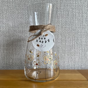 Hand Painted Vase: Bees and Flowers with "Bee Happy" Clay Tag