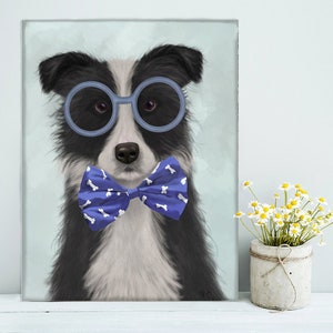 Border Collie Black white glasses bowtie - Collie lover Scottish sheepdog Canvas painting dog funny family wall art blue Gift for him