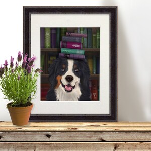 Bernese decor - Bernese with books - Bernese mountain dog Bernese gift Bernese art Dog art print Dog lover home decor Gift for dog mom