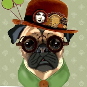 Pug Art Print, Funny Dog Wall Art with Bowler Hat, Quirky Pug Artwork for Home Decor