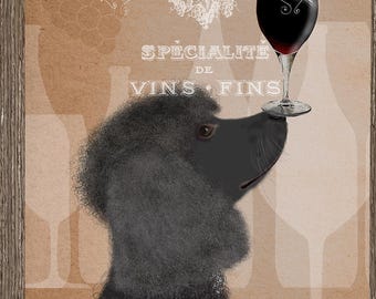 Poodle with Wine Glass Art Print, Whimsical Kitchen Decor