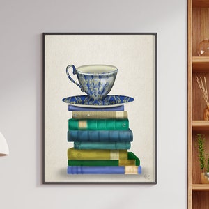 Arte da cozinha-xícara de chá e livros-decoração da cozinha xícara de chá comida cartaz comida ilustração presente para cozinhar presente de inauguração nova casa presente