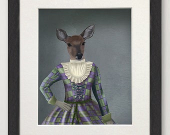 Scottish deer art, Red deer in tartan clan dress, Highland animal wall art for Scottish home, Deer painting framed or print on large canvas