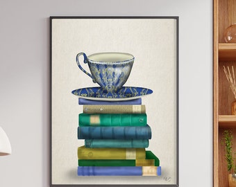 Book lover gift Kitchen print - Teacup and Books  - Tea lover gift coffee lover gift time for tea time gift for chef kitchen wall art decor