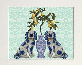 Porcelain art print, Decorative blue and white urn lemon tree with Staffordshire dog twins oriental green illustration framed or canvas art