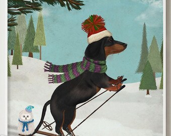 Dachshund Art Print, Doxie on Skis, Vintage Ski Cabin Wall Decor