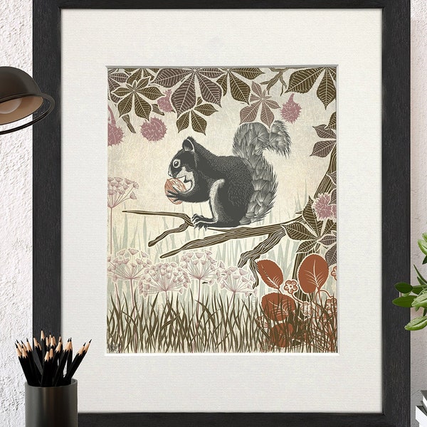 Squirrel picture, Acorn print, Nut illustration, Lino cut style, Farmhouse decor, Woodland animal art, Kids bedroom decor, Forest scene art