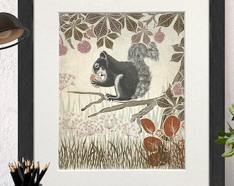 Squirrel picture, Acorn print, Nut illustration, Lino cut style, Farmhouse decor, Woodland animal art, Kids bedroom decor, Forest scene art