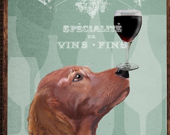 Irish Red Setter Kunstdruck, Hund mit Weinglas, Küchen Wandkunst
