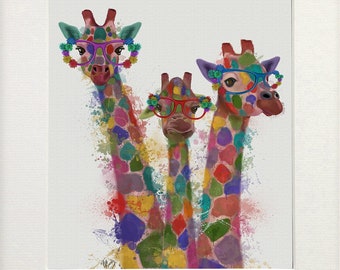 Giraffe family art, Colourful print of a trio of giraffes in funny glasses, Jungle animal art for nursery children room, Wall art made in UK