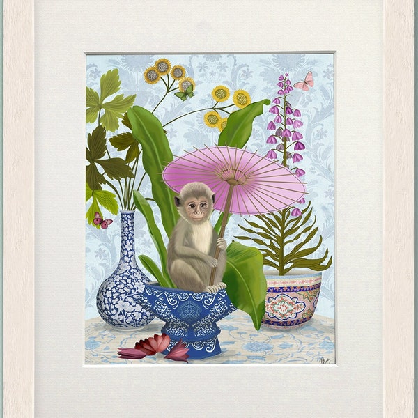 Modern chinoiserie art, Botanical print of a monkey holding a pink parasol with oriental pots & vases, Asian wall decor framed or canvas art