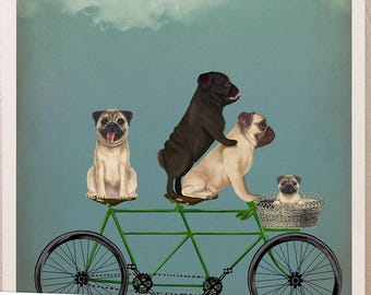 Pug Art Print: Pugs on Tandem Bicycle, Dog Lover Gift