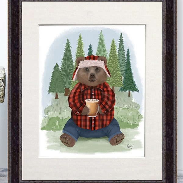 Lumberjack bear print, Bear with latte, Woodland bear art, Cabin decor, Pine tree print, Nursery wall art, Lodge gift, Lake house decor