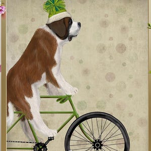 Saint Bernard Art Print, Dog Wall Art with St Bernard on Bicycle, Funny Quirky Cycling Artwork Gift