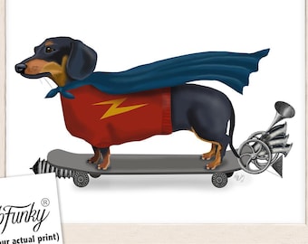 Dachshund Art Print, Funny Wiener Dog Hero Portrait, Cute Sausage Dog Wall Art Gift for Teen Room Decor