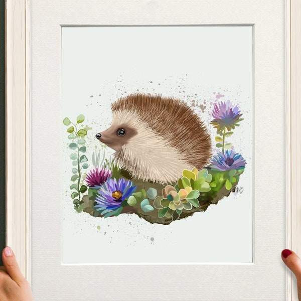 Hedgehog wall art Cottagecore wildlife decor of cute urchin in flowers print for woodland theme home decor or nature lover gift for nursery