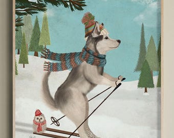 Skiing Alaskan Husky Art Print: Whimsical Dog Lover Gift