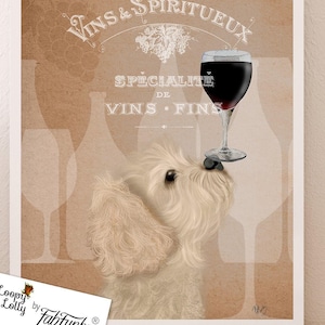 Blonde Cavapoo-hond Art Print, grillige wijn huisdier portret cadeau Cavapoo-eigenaren