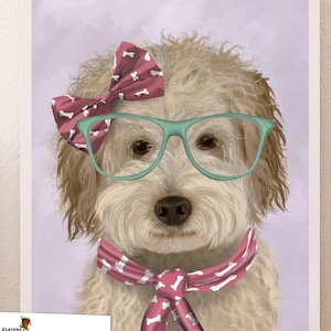 Cream Labradoodle Art Print, Cute Dog Wall Art with Glasses and Scarf