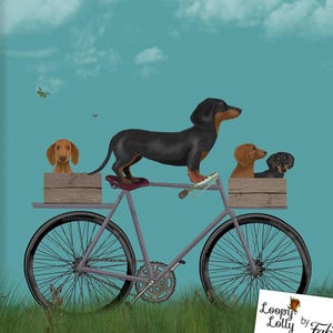 Impresión artística de perro salchicha, adorable perro salchicha en bicicleta, regalo para mamá amante de la bicicleta.