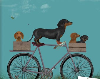 Dachshund Art Print, Cute Doxie on a Bicycle, Bike Lovers Gift for Mom