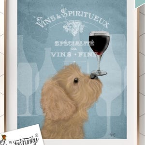 Gold Cavapoo Dog Art Print, Whimsical Wine Pet Portrait For Home Bar Decor or Dog Lover