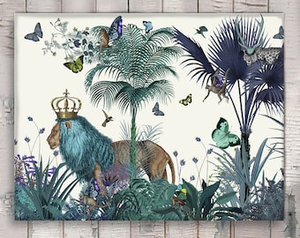 Lion Print - Blue Lion in Tropical Jungle - lion illustration lion picture tropical decor tropical leaf tropical Print jungle print colorful