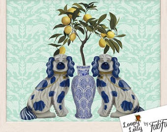 Staffordshire Dogs Art Print, Cavalier King Charles Spaniel Wall Art, Chinoiserie Style painting