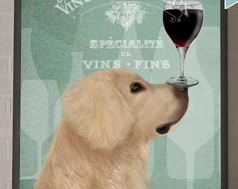 Golden Retriever Picture, Funny Dog With Wine Glass, Quirky Kitchen Bar Wall Art for Dog Lovers