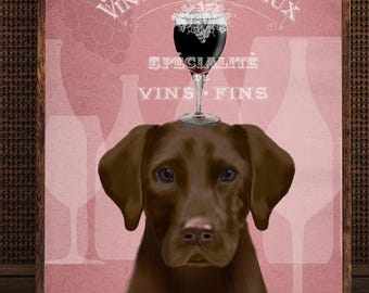 Chocolate Labrador Art Print: Whimsical Dog with Wine