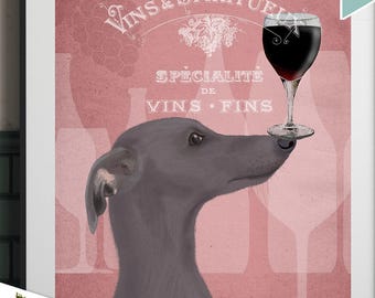 Blue Greyhound With Wine Art Print, Whimsical Dog Portrait, Kitsch Kitchen Decor