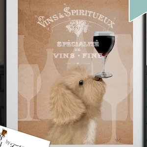 Blondes Cockapoo Bild, lustiger Hund mit Weinglas, schrullige Küchenbar Kunstdruck