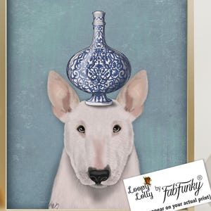 Bull Terrier Picture - Funny Dog with Blue and White Vase - Quirky Pet Portrait Wall Art Gift for Animal Lovers