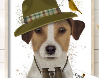 Jack Russell Art Print, Funny TerrierWall Art Birdwatching Scene