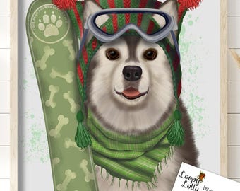 Funny Husky Snowboard Art Print, Ski Lodge Winter Wall Art