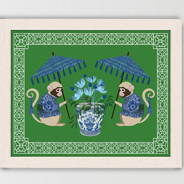 Chinese Monkey print, Green & white Chinoiserie wall art illustration of two monkeys with blue parasols, Modern Asian canvas art or framed