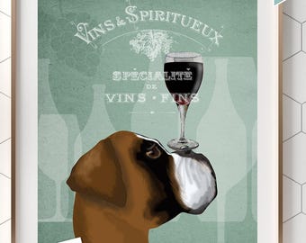 Immagine di un boxer - Cane divertente che tiene in equilibrio un bicchiere di vino - Decorazione originale per la cucina per gli amanti del vino