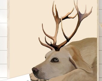Yellow Labrador Art Print, Antlered Dog, Quirky Pet Lover Gift
