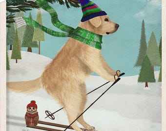 Golden Retriever Picture, Cute Dog on Skis, Vintage Style Ski Wall Art