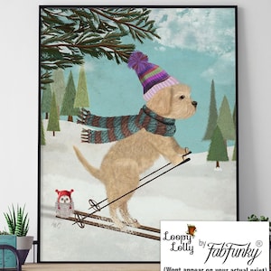 Cavapoo Kunstdruck, blond, süßer Hund auf Skiern, Vintage-Stil Ski-Hütten-Wandkunst