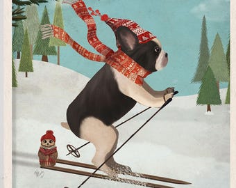 French Bulldog Picture, Black and White, Cute Frenchie Skiing, Vintage Style Ski Lodge Wall Art