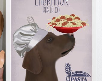 Impressão artística de Labrador Retriever marrom, arte de parede engraçada de Labrador Chocolate com macarrão espaguete